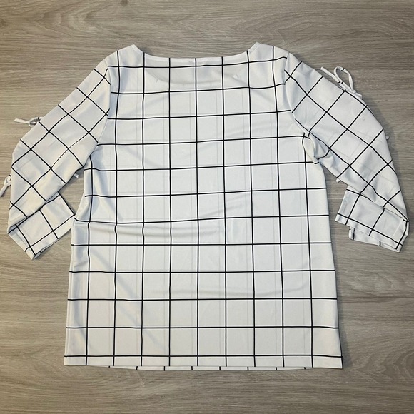 Ann Taylor Factory Women Grid Print Tie Sleeve Top Size Medium White Black - Picture 10 of 11